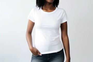 Black woman model wearing a plain white short sleeved t-shirt, isolated on a blank background. Mock-up, torso only. Generative AI illustration.
