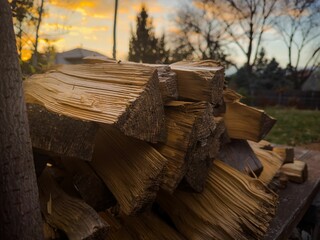 Closeup of stacked woods during sunset