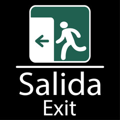 cartel para indicar la salida en español e inglés en blanco con un pictograma de un personaje en blanco en un cuadrado verde y una flecha verde a la izquierda todo sobre un fondo negro
