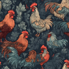 Roosters Red and Blue Country Pastoral Rural Rustic Farmhouse Homestead Southern Seamless Pattern Generative AI