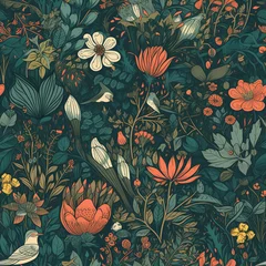 Fotobehang Green and Orange Floral Garden Wildflower Seamless Pattern Generative AI © Kelly Cree