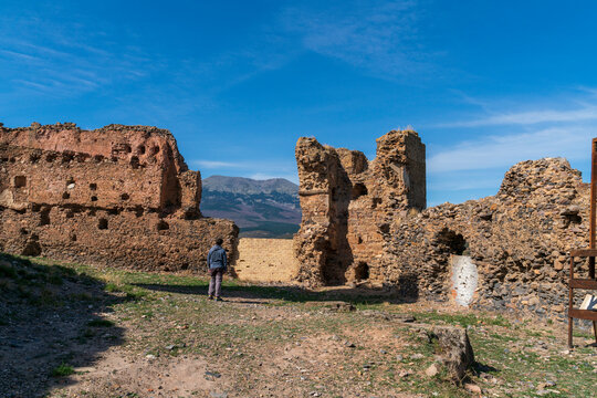 Interior of the castle to the castle of Trasmoz with views to the mountain range of the Moncayo.