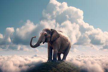 Fototapeta na wymiar Elephant sitting on a cloud in the sky, Dreaming and aspirations concept. Generative AI