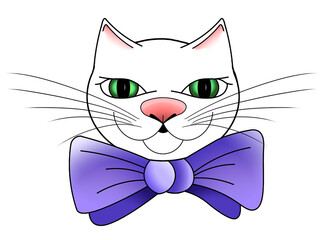 green-eyed cat with a purple bow smiles