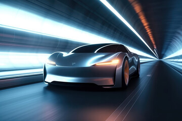 Fototapeta na wymiar Futuristic car driving in a tunnel - Generative AI