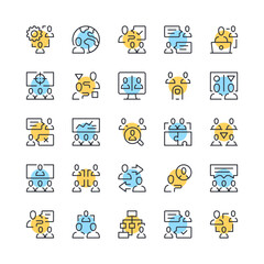 Teamwork line icons. Set of team work icons. Black, blue and yellow colors. Modern outline graphic design. Vector line icons set