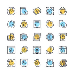 Euro line icons. Set of euro icons. Black, blue and yellow colors. Modern outline graphic design. Vector line icons set