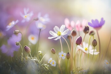 A Close-up of a Spring Flower Meadow in a Bright Day - Generative AI
