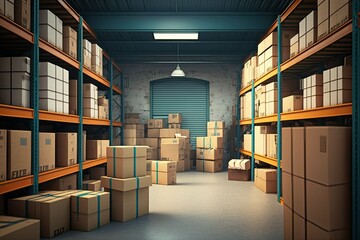 A Warehouse Storage Room Full of Cardboard Packages - Generative AI
