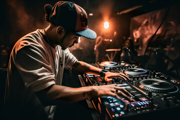 Fototapeta na wymiar Bright dynamic illustration of male DJ in a nightclub, AI generative illustration