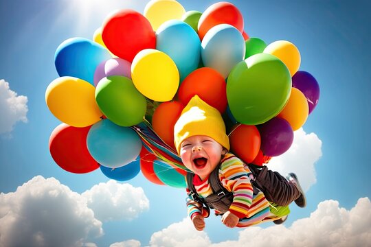 A Happy Baby Flying With Balloons on Its Back - Generative AI
