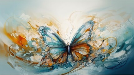 Painting of a colorful butterfly, orange, blue, white