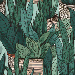 Potted Snake Plants Terracotta Ceramic Orange Green Clay Seamless Pattern Generative AI