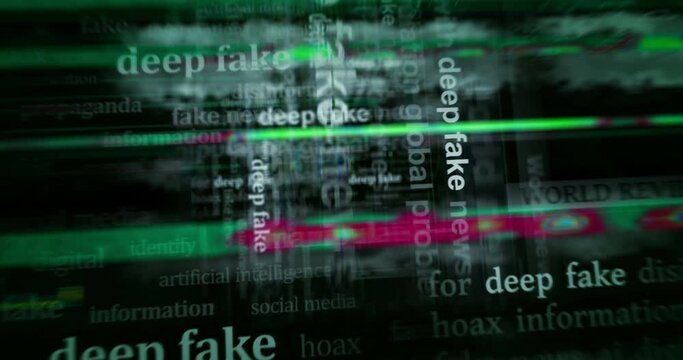 Deep fake hoax false and ai manipulation headline news titles across media. Abstract concept displays loop. Flight between screens with glitch effect seamless and looped 3d.
