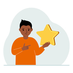 The boy is holding a star. Service rating or positive user rating. Consumer review of the product. Feedback.