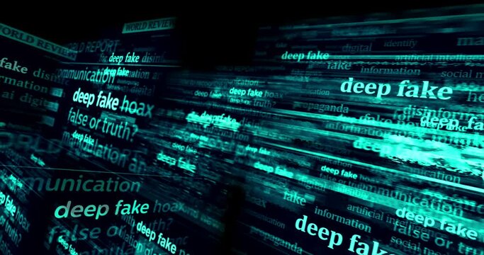 Deep fake hoax false and ai manipulation headline news across international media. Abstract concept of news titles on noise displays loop. TV glitch effect seamless and looped.