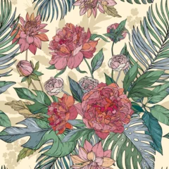 Fotobehang Seamless pattern. Peonies, roses, chrysanthemums © acnaleksy