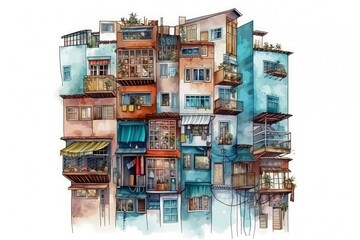 A Mediterranean city buildings exterior is painted in water colors. Generative AI