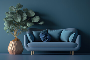 Sofa and blue pillow beside a plant on a golden vase with blue wall background inside room