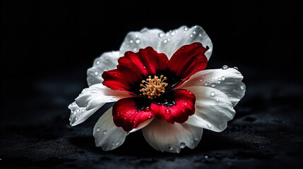 Red and white flower sitting on top of a black surface