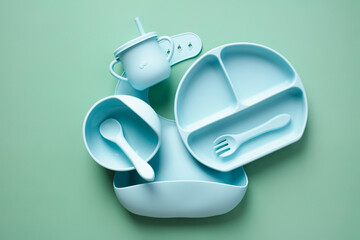 Silicone baby bib and feeding tableware on green color background. Serving baby food concept.