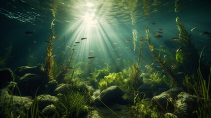 Fototapeta na wymiar Unterwasserwelt bei einem Tauchgang im See, erstellt mit Generative AI Technologie
