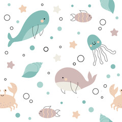 Naklejka na ściany i meble Vector hand drawn colorful childish seamless pattern simple flat pattern with whale, fish, crab and jellyfish on white background. Cute baby animals. Pattern for children with sea animals. Sea. Ocean.