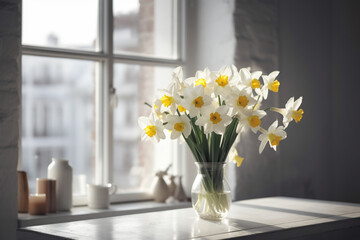 Daffodils in a vase in a modern white house, AI Generated