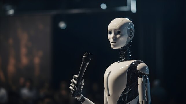 IA, andro&iuml;de parlant au micro