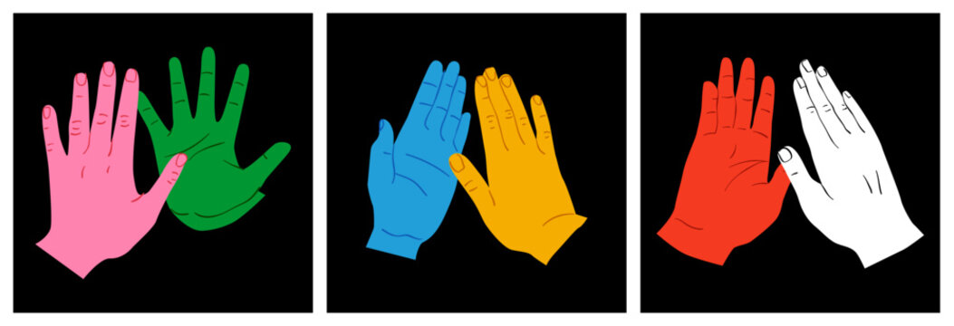 Diverse colorful people hand doing high five gesture together. Modern hands cartoon illustration of business partner team, friend group or success celebration concept.