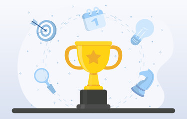 The design element trophy in the middle, surrounded by icons related to business strategy, planning, creativity, achieving success, winning and problem solving. Flat vector illustration.