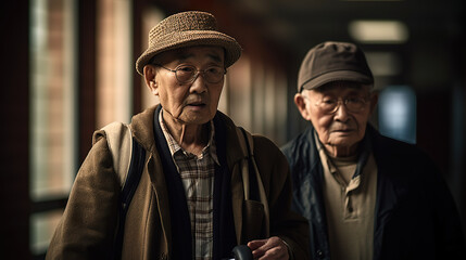 Fototapeta na wymiar Elderly person using a walking aid with a relative, caregiver in a hospital hallway, AI generative photorealistic illustration