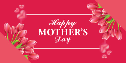 Happy Mother's Day social media post template. Mother's Day social media banner. Mom Day greeting card. Happy Mother Love sign with heart and flowers. flying pink paper hearts. mom love background