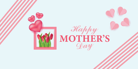 Happy Mother's Day social media post template. Mother's Day social media banner. Mom Day greeting card. Happy Mother Love sign with heart and flowers. flying pink paper hearts. mom love background