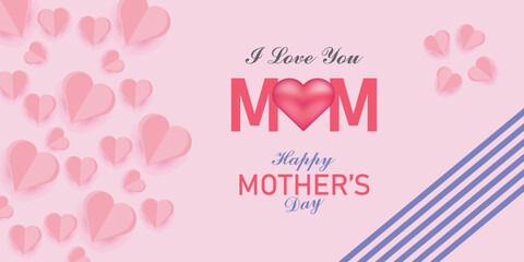 Happy Mother's Day social media post template. Mother's Day social media banner. Mom Day greeting card. Happy Mother Love sign with heart and flowers. flying pink paper hearts. mom love background