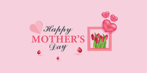 Fototapeta na wymiar Happy Mother's Day social media post template. Mother's Day social media banner. Mom Day greeting card. Happy Mother Love sign with heart and flowers. flying pink paper hearts. mom love background