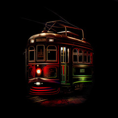 Old rusty tram on black background. AI generative.