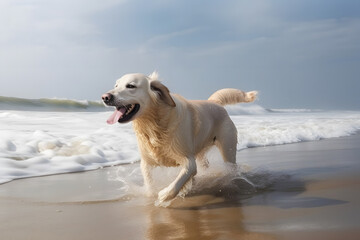 Dog playing on beach, Generative AI