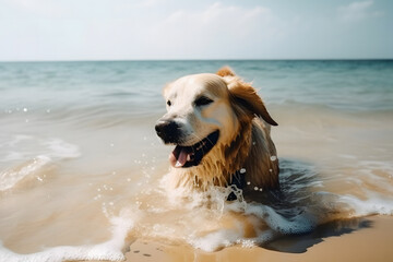 Dog playing on beach, Generative AI