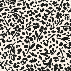 Monochrome animal and flower seamless repeat pattern. Random placed, vector exotic botany all over surface print.