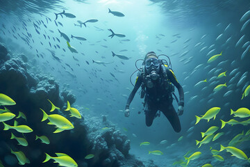 Naklejka na ściany i meble Scuba diver underwater with sea creatures, Generative AI