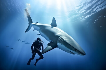 Obraz premium Scuba diver underwater with shark, Generative AI