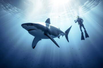 Fototapeta premium Scuba diver underwater with shark, Generative AI