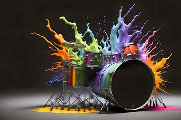 Fotobehang colorful drum set with paint splattered on it. Generative AI © Kenishirotie