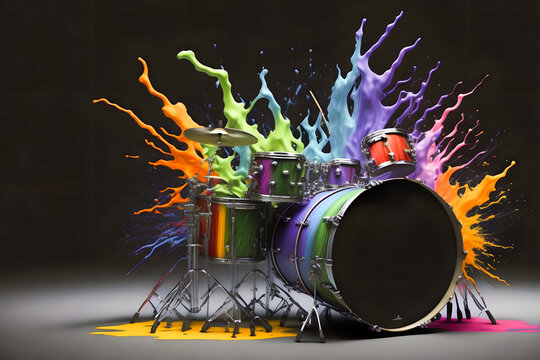colorful drum set with paint splattered on it. Generative AI