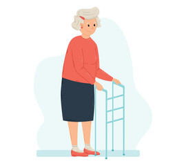 Cartoon Old Gray-haired Woman standing with Walker. Isolated Vector Flat Grandmother, Disabled Facilities.