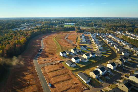 View from above of densely built residential houses under construction in south Carolina residential area. American dream homes as example of real estate development in US suburbs