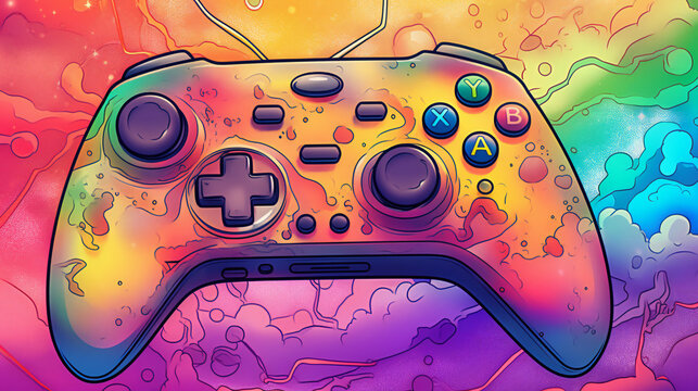 Rainbow colored video game controller. LMBTQ gaming illustration - created using Generative AI