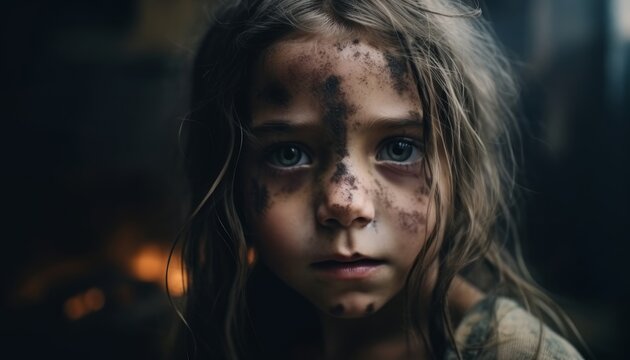 a girl with burned skin standing in front of buildings wreckage,natural disaster or war victim, homeless child, ai generative illustration, homeless child