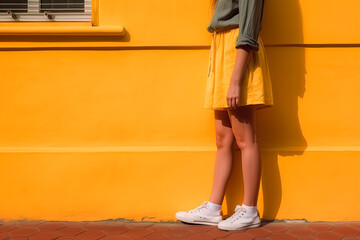 Women legs in front of a yellow wall with copy space